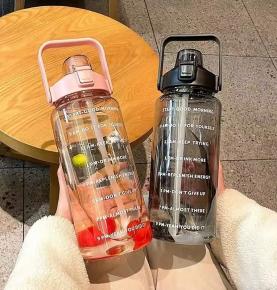 Custom Logo Reusable Gym Sports 2L Clear Motivational Half Gallon Plastic Water Bottle with Time Marker and Straw