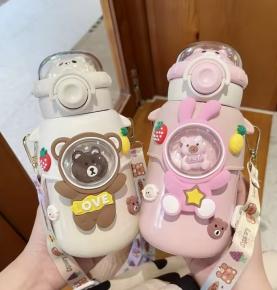 Cartoon children's thermos food grade 316 cute cap student water cup portable large capacity straw vacuum water bottle