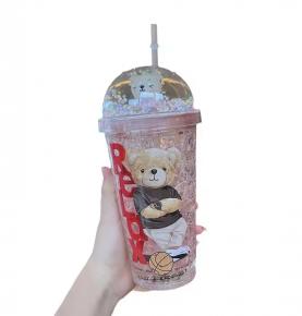 Eco friendly Cartoon Bear Beauty custom logo Plastic Water Cup Summer Portable cute drink Milk Tea bottle with air seal lid